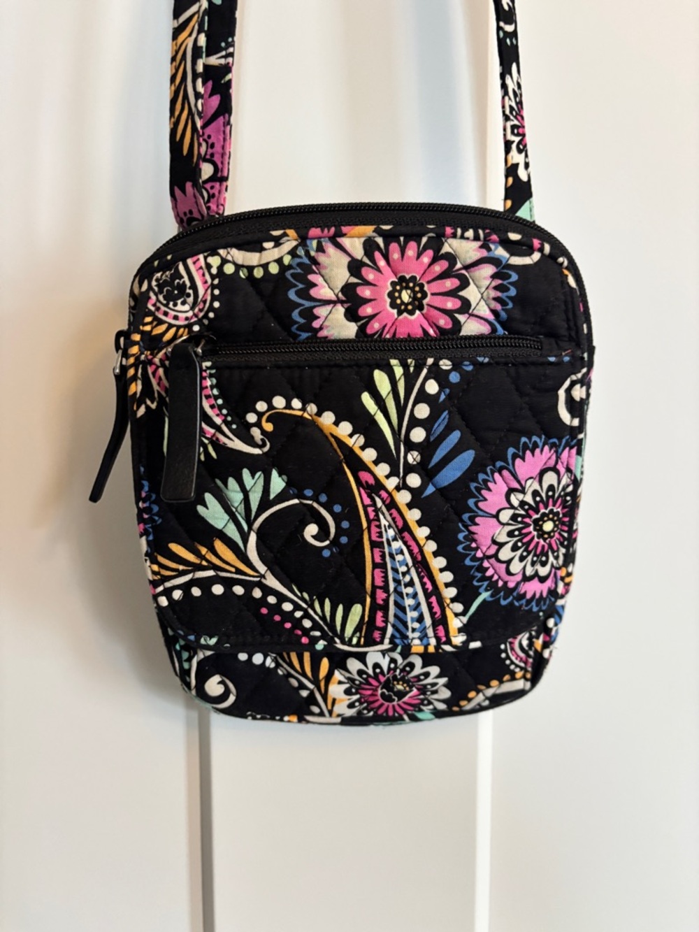 Vera Bradley Black Quilted Crossbody with Pink, Blue & Green Floral Paisley